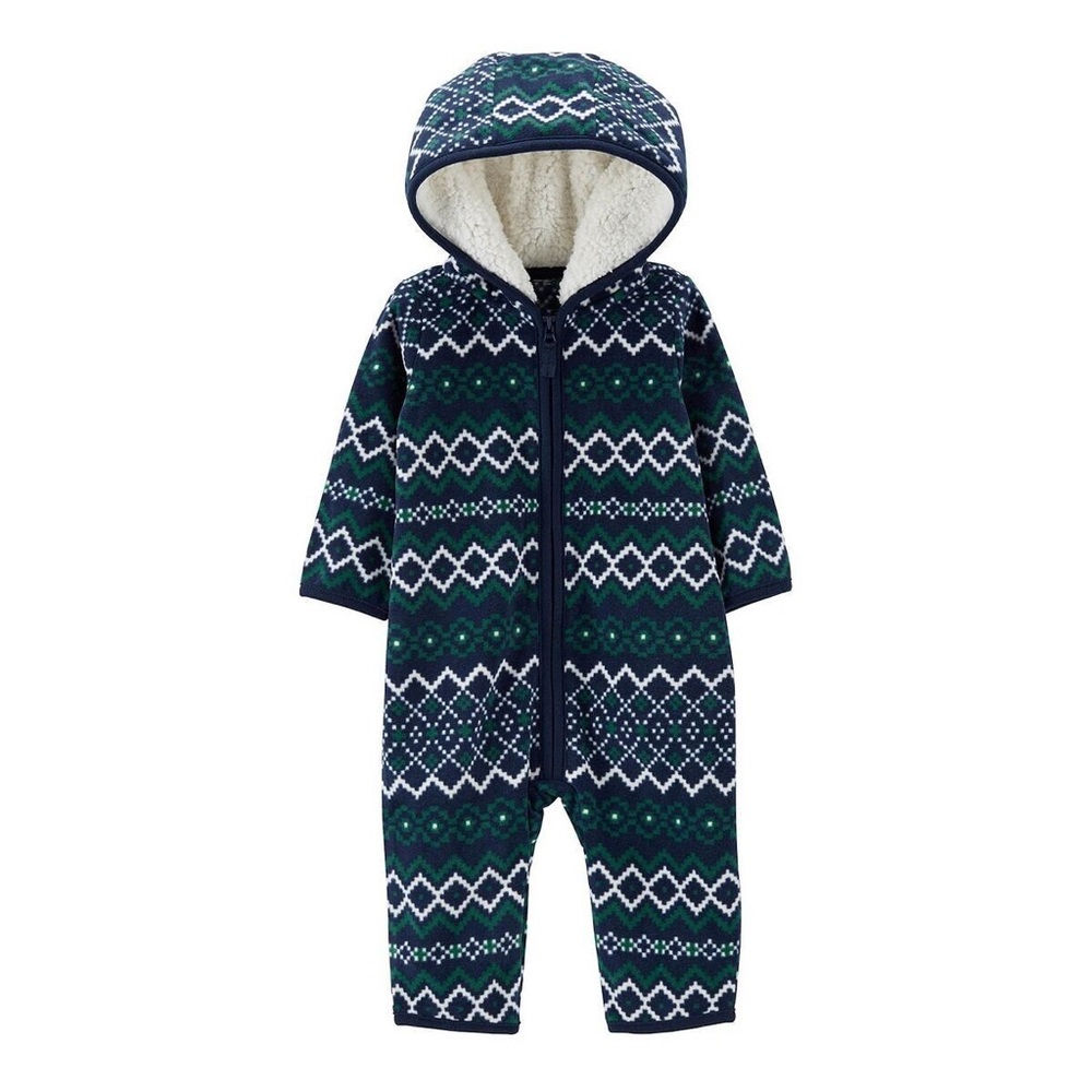 Carter's Baby Boy Blue & Green Fair Isle Hooded Fleece Jumpsuit